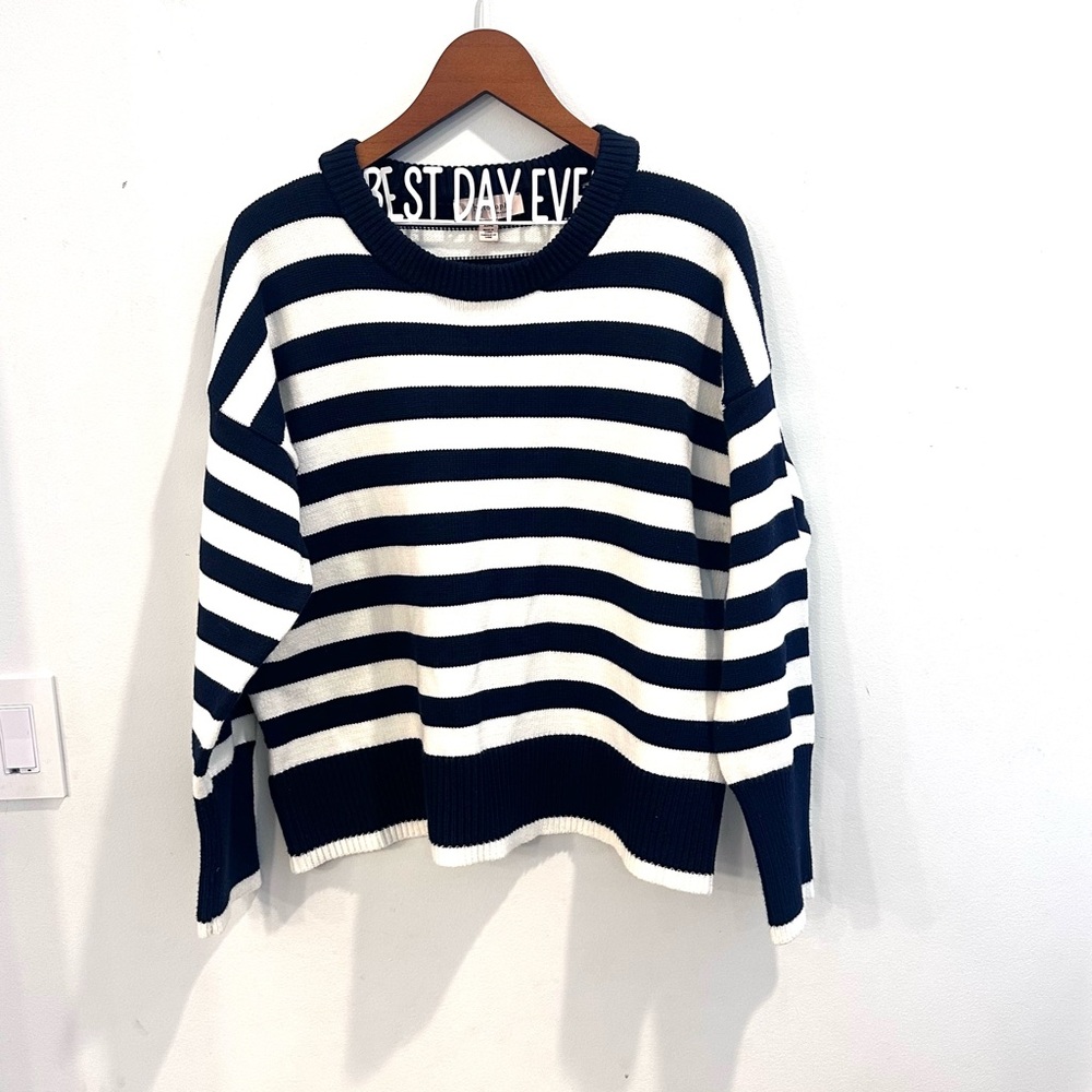 Philosophy Navy and White Striped Crew Neck Sweater XL